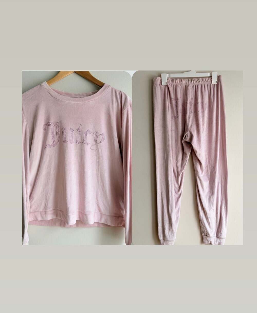 Juicy Couture Women's Pink Velour 2-Piece Sleepwear Set Rhinestone Bling Logo Si